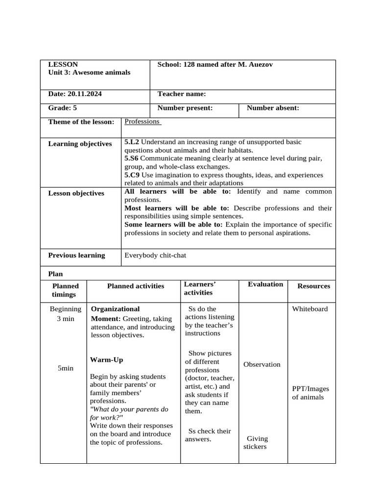 Professions Lesson Plan for Grade 5 | PDF | Vocabulary | Teachers