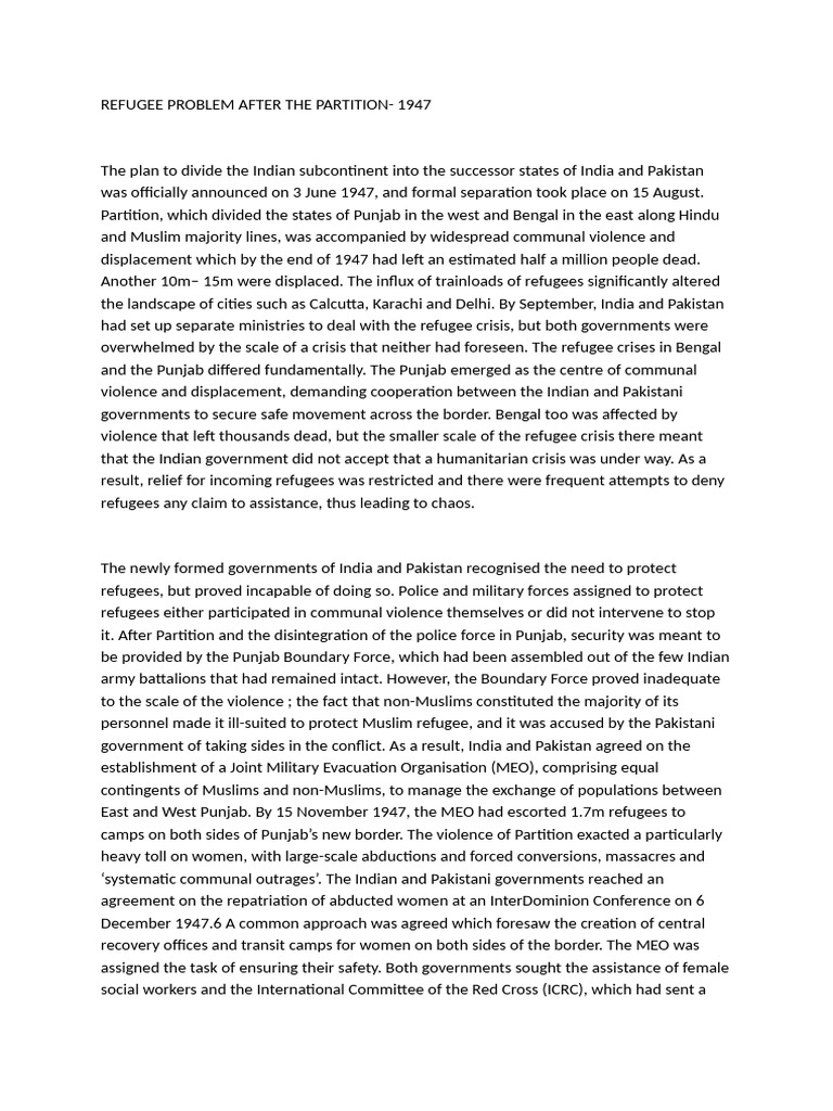 Refugee Crisis Post-Partition 1947 | PDF | Partition Of India | India ...