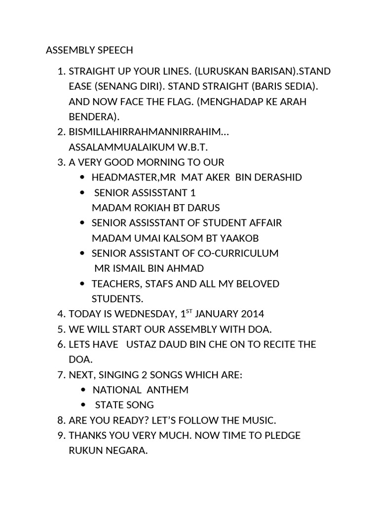ASSEMBLY SPEECH Teacher Incharge | PDF