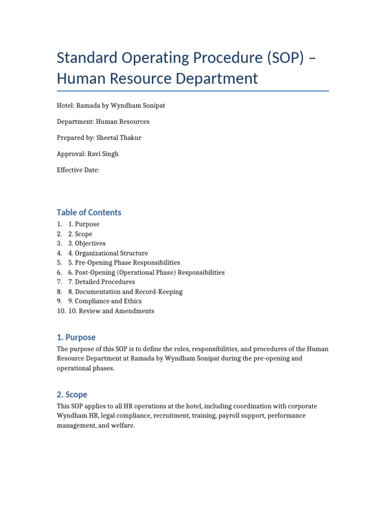 HR SOP for Ramada Sonipat Hotel | PDF | Human Resource Management ...