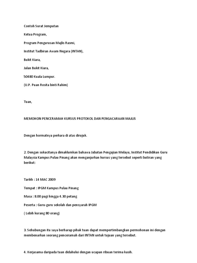 Contoh Surat Rasmi Intan