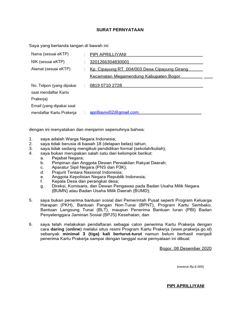 (Draft) Template Surat Pernyataan Pendaftar Kartu Prakerja Yang Gagal ...