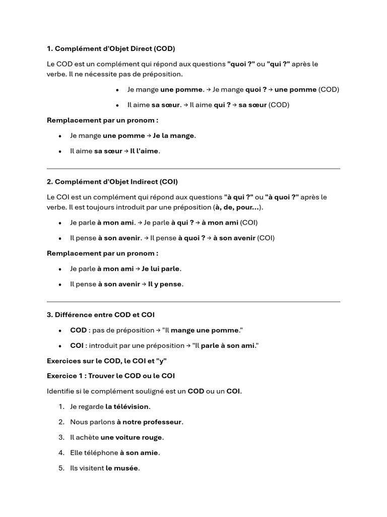 Exercices sur COD et COI en français | PDF | Complément d'objet | Syntaxe