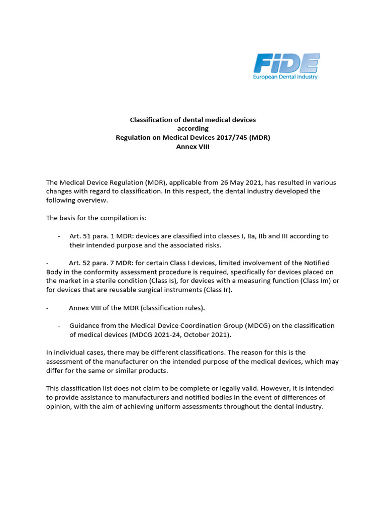 Dental Device Classification Under MDR | PDF | Medical Device | Dentistry