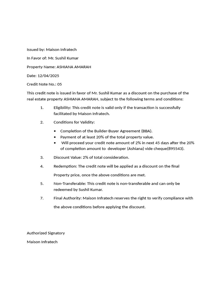 Credit Note for ASHIANA AMARAH Purchase | PDF