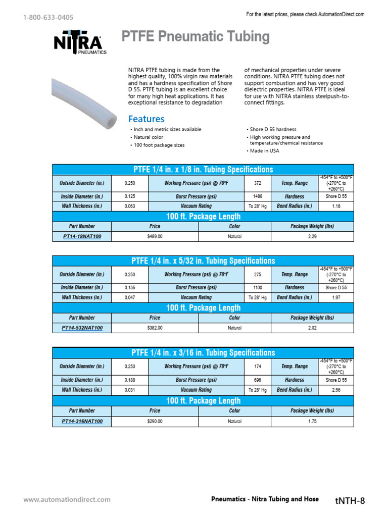 NITRA PTFE Tubing Specifications and Ratings | PDF | Pipe (Fluid ...