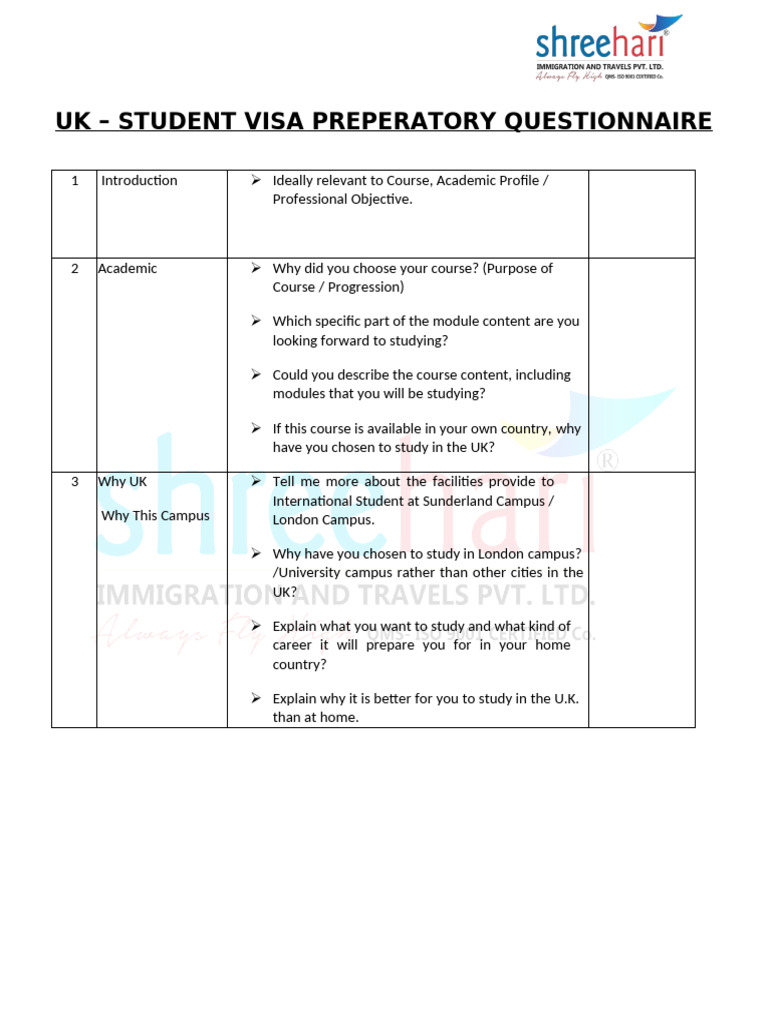Visa Preperatory Questionnaire | PDF