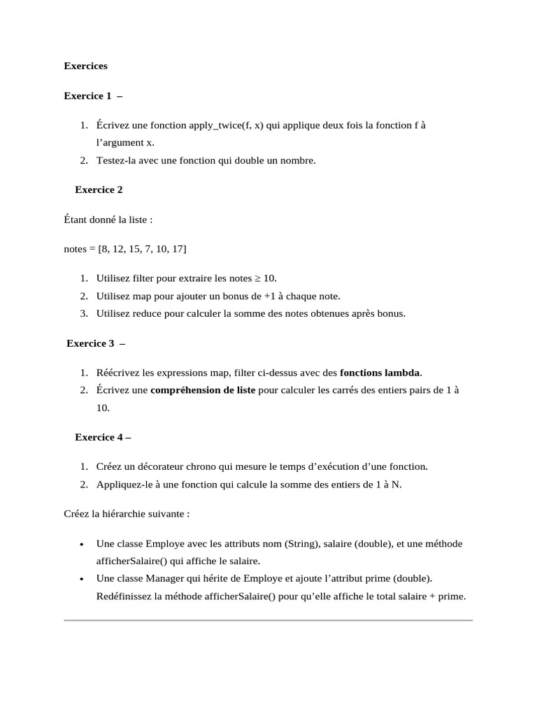 Exercices de programmation Python avancée | PDF
