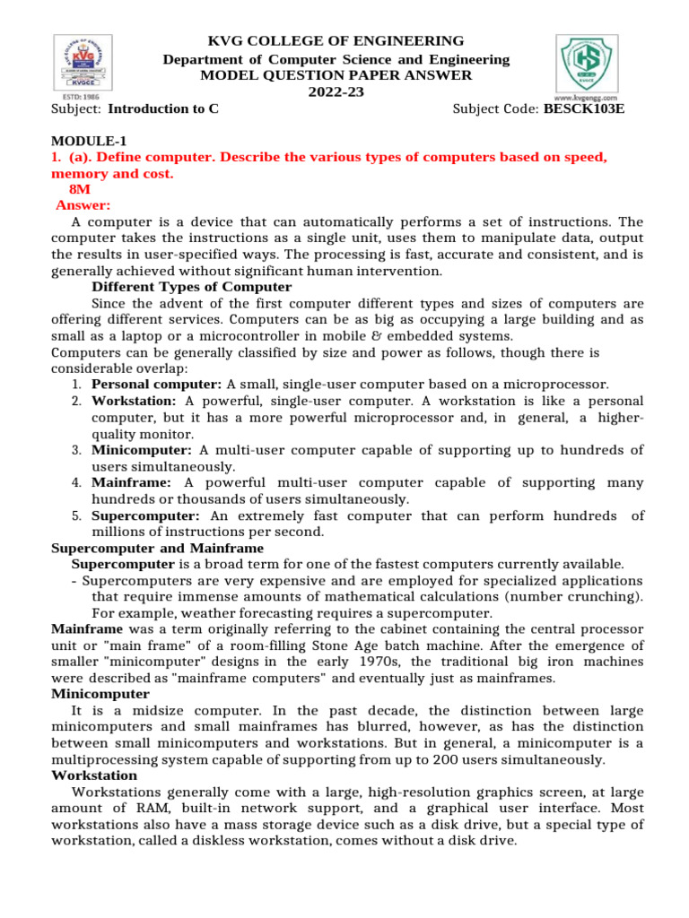 C Programming Model Question Paper | PDF | Pointer (Computer ...