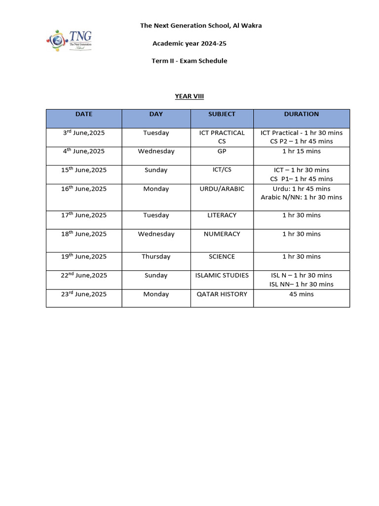 Schedule Term 2 Final | PDF