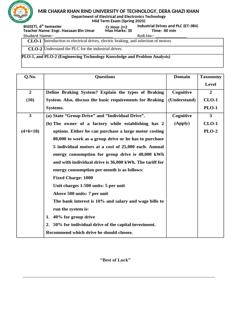 Mid Term Exam: Industrial Drives & PLC | PDF