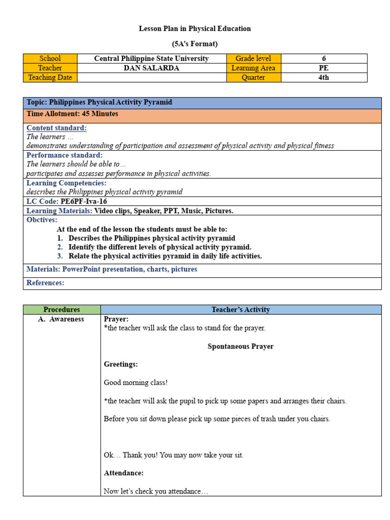 Philippines Physical Activity Pyramid Lesson | PDF | Physical Education ...