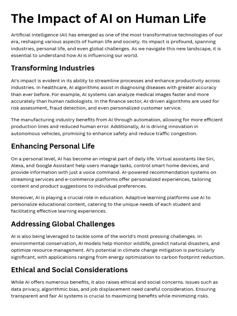 The Impact of AI On Human Life | PDF | Artificial Intelligence ...