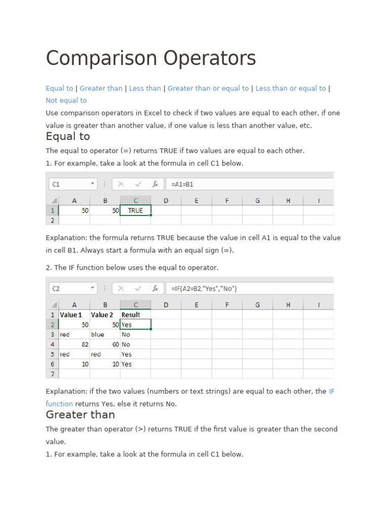 Excel Comparison Operators Explained | PDF | Microsoft Excel | Computer ...