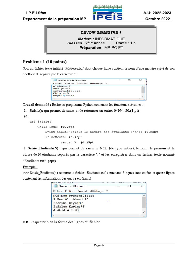 Examen Informatique S1 Corrigé PDF | PDF | Fichier texte | Informatique ...