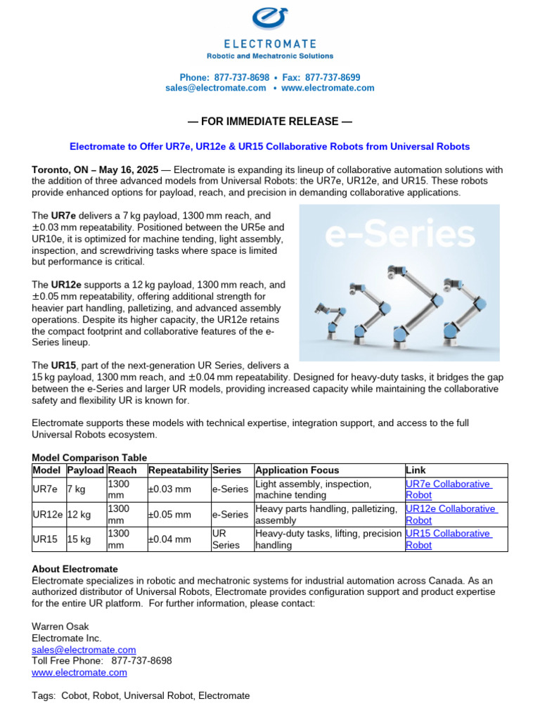 Electromate Launches UR7e, UR12e, UR15 Robots | PDF | Automation