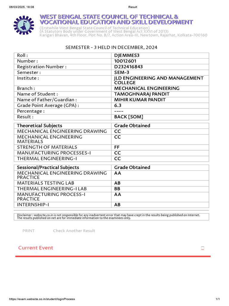 Semester 3 Result for Mechanical Engineering | PDF | Educational Stages
