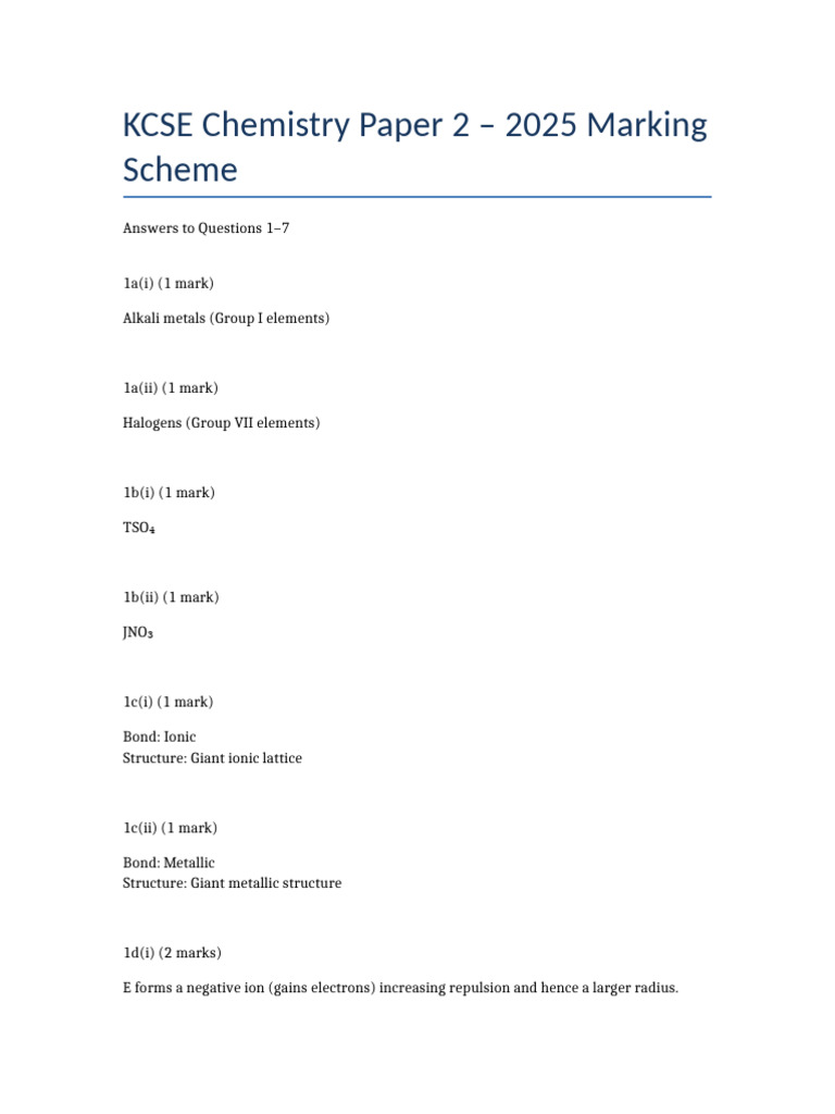 KCSE Chemistry Paper 2 Marking Scheme 2025 | PDF | Chemical Bond | Chlorine