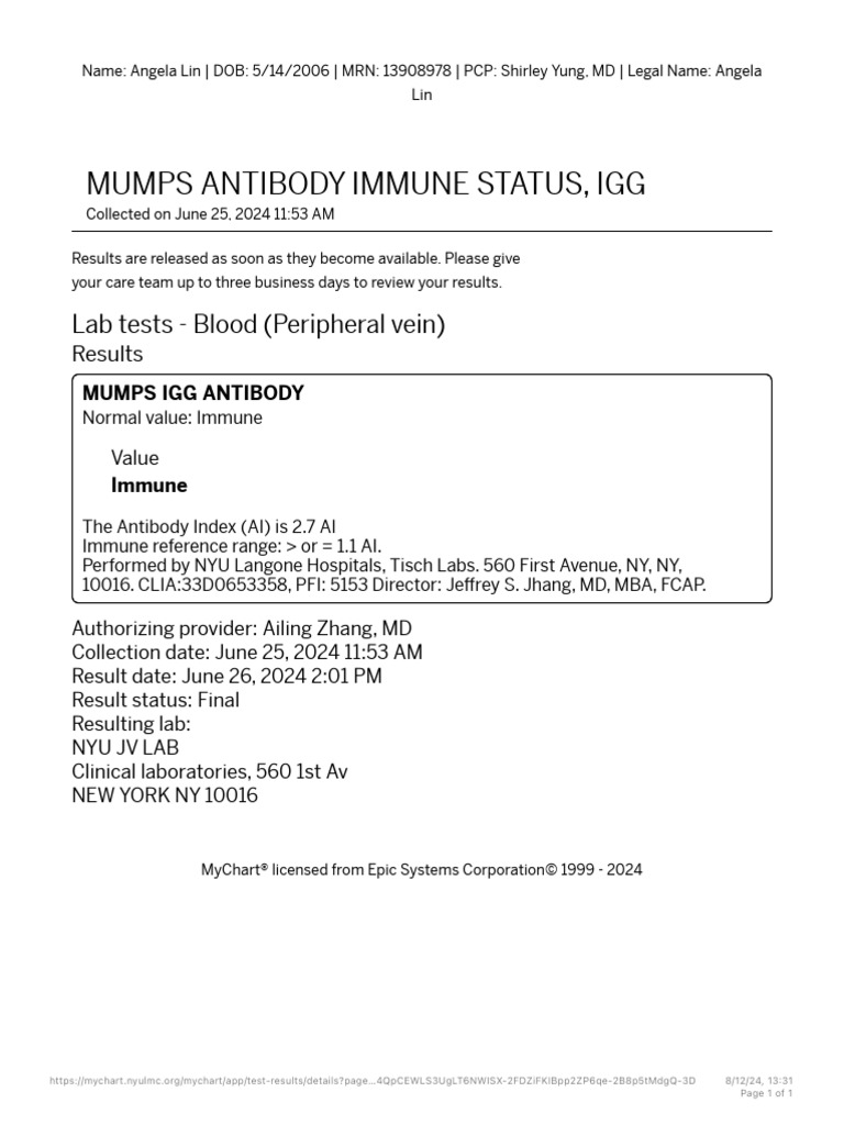 Mumps Antibody Test Results for Angela Lin | PDF