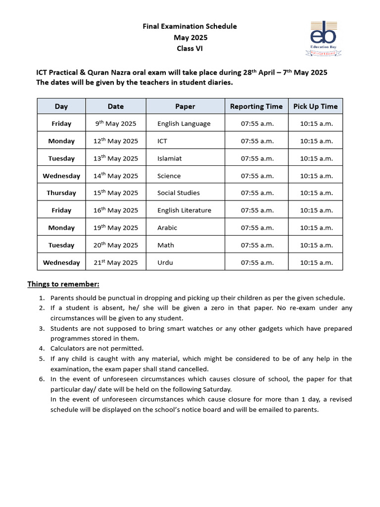 Class 6 Final Exam Schedule 2025 | PDF