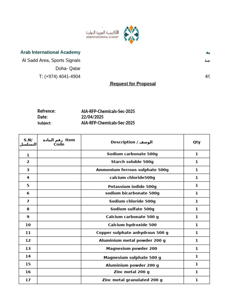 AIA Chemicals RFP 2025 - Doha Qatar | PDF | Sulfate | Sodium