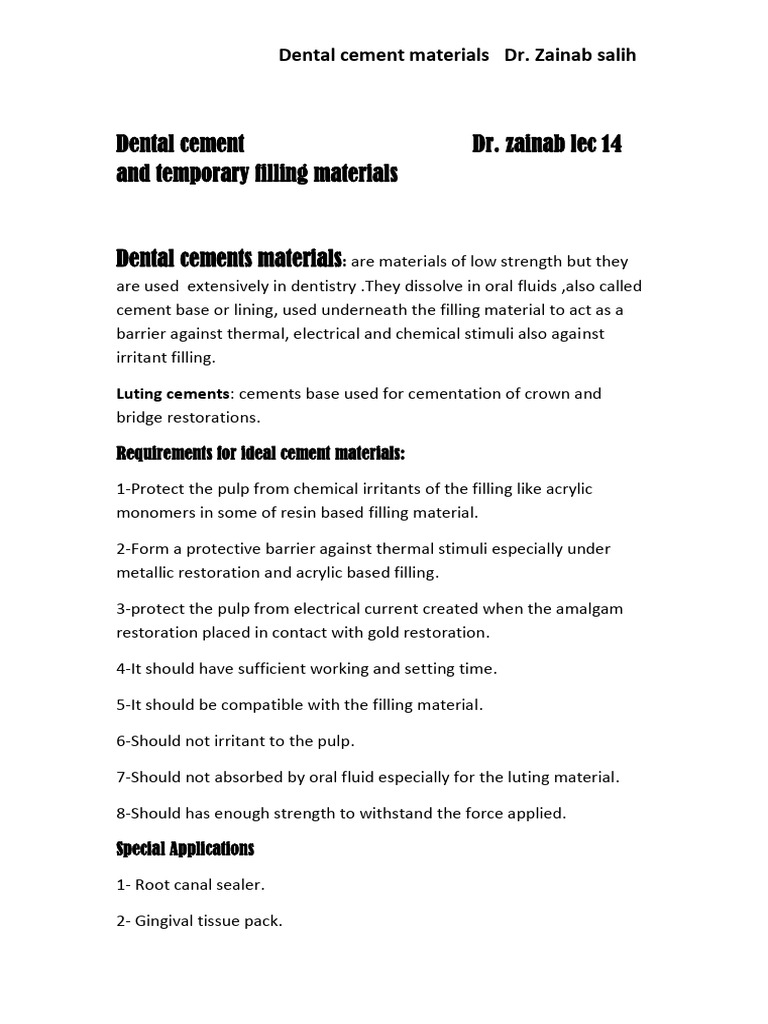 Dental Cements &temporary Filling Materials | PDF | Dental Material ...