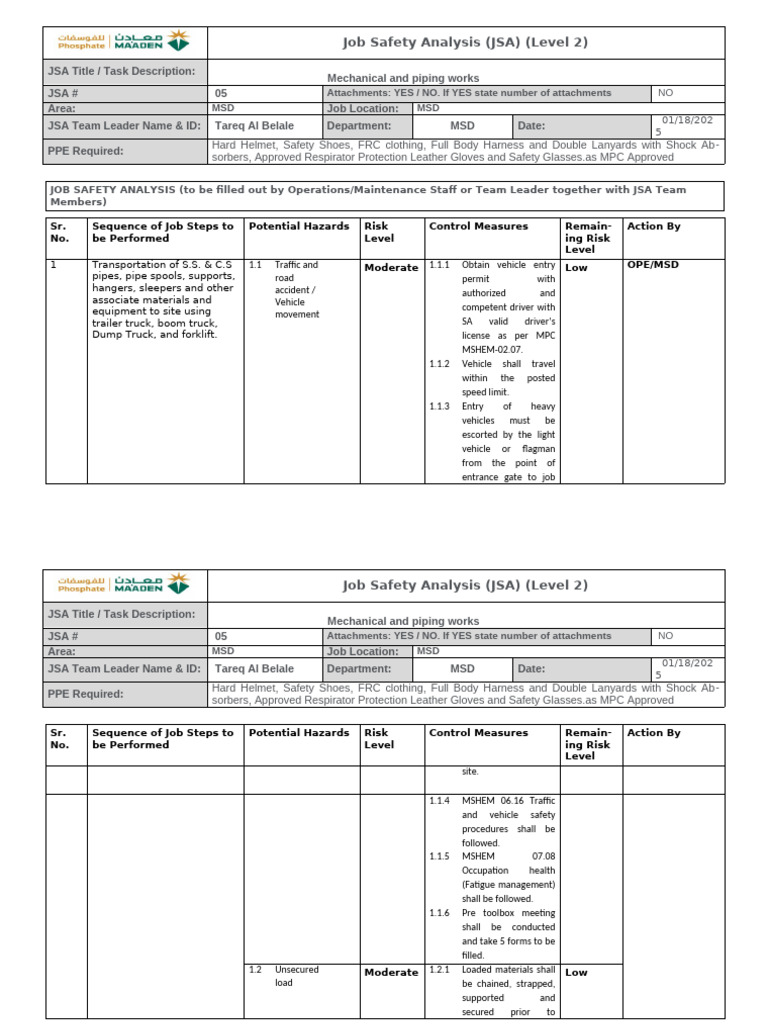 JSA - Mechanical and Piping Works | PDF | Personal Protective Equipment ...