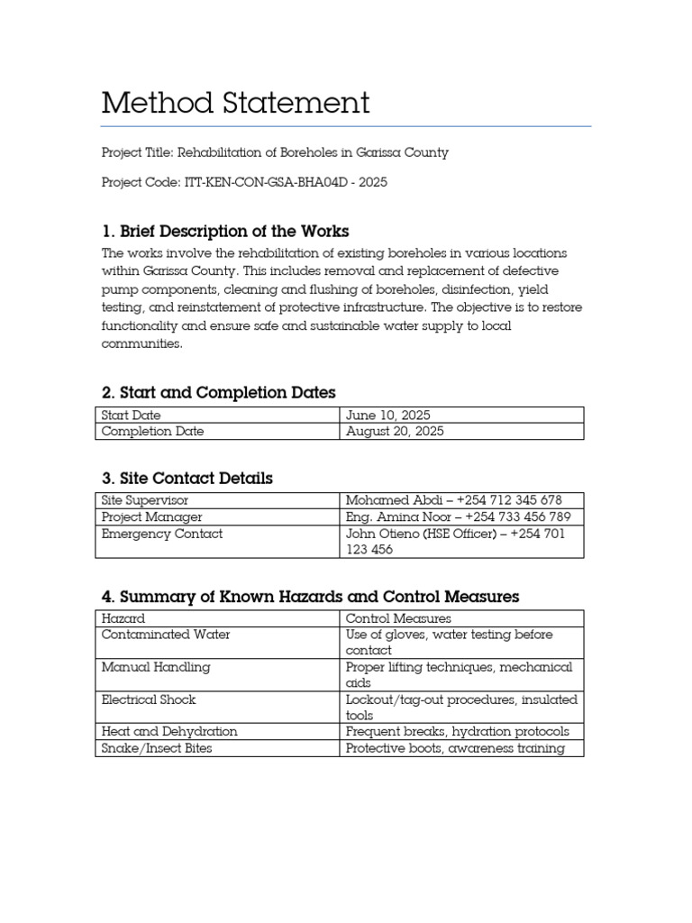 Method Statement Garissa Boreholes 2025 | PDF | Personal Protective ...