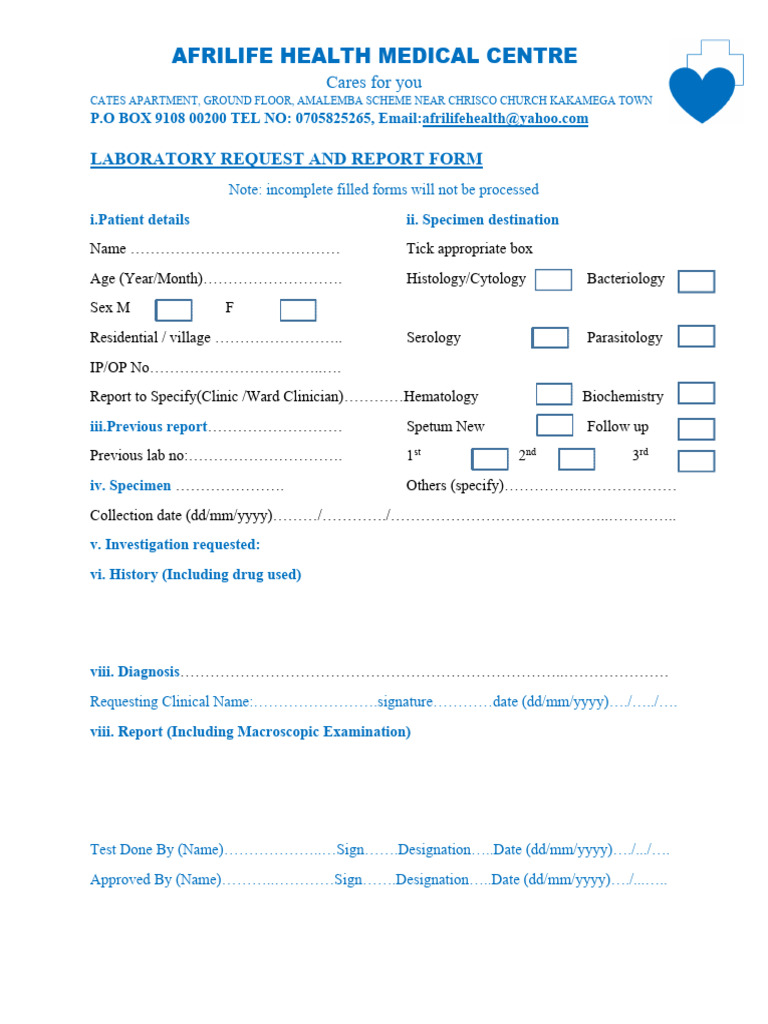 Afrilife Health Medical Centre: Laboratory Request and Report Form | PDF
