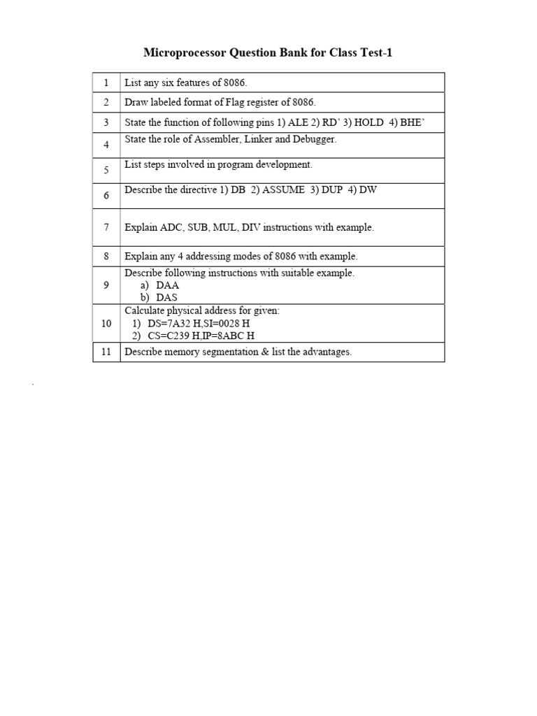 Microprocessor 8086 Question Bank | PDF