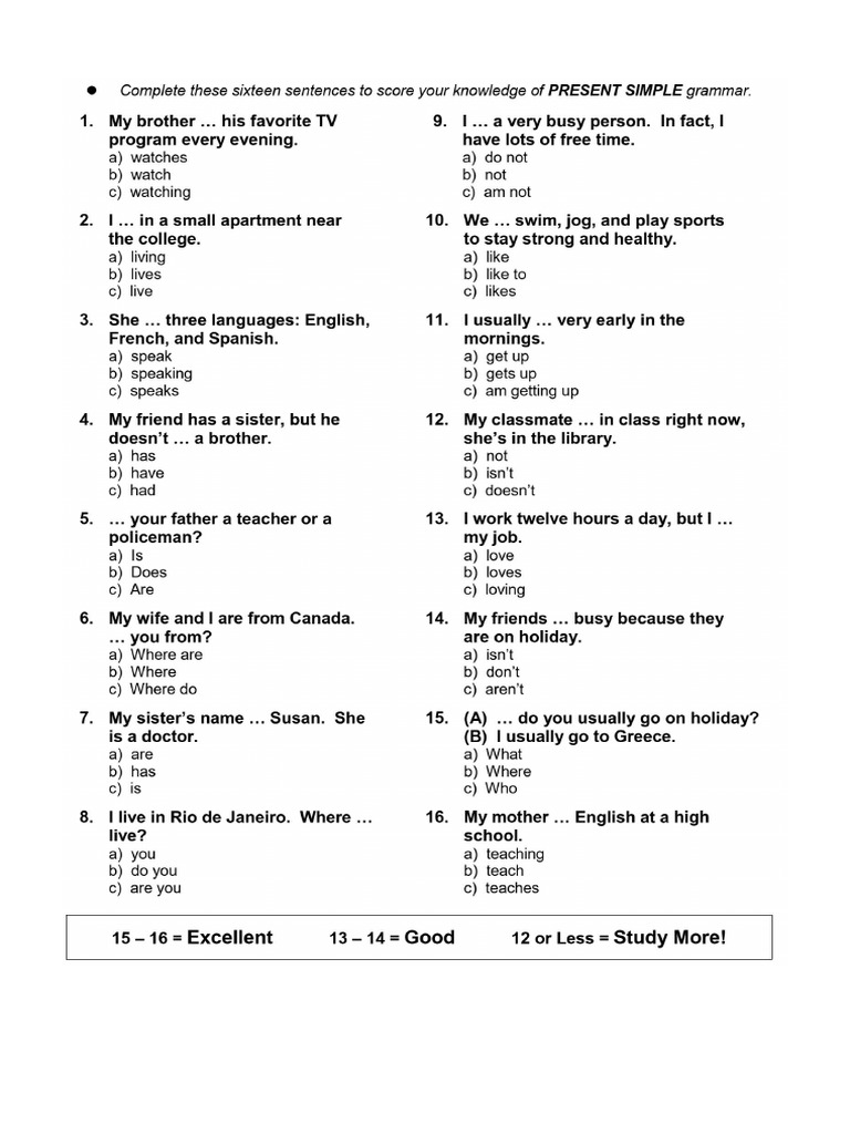 Present Simple - Test Wyboru | PDF