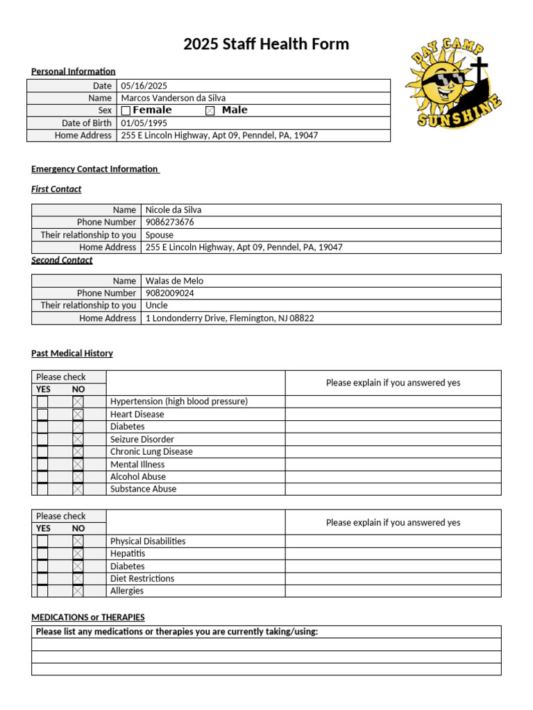 2025 Staff Health Form DCS | PDF | Medical Specialties | Human Diseases ...