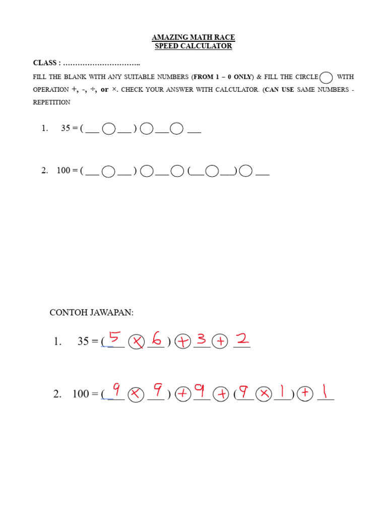 Math Race Speed Calculator Activity | PDF
