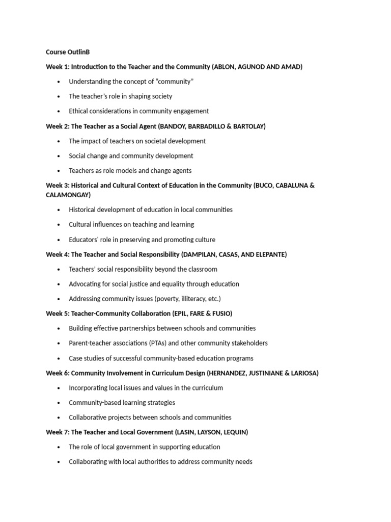 Teacher-Community Engagement Course Outline | PDF | Teachers | Community