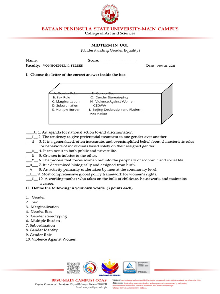 Understanding Gender Equality Midterm Exam | PDF | Gender | Gender Studies