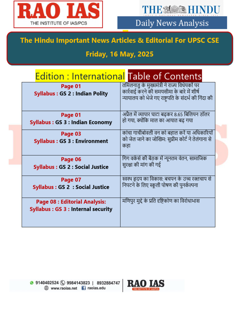 Rao IAS Hindi 16 May The Hindu Imp News Articles and Editorial | PDF