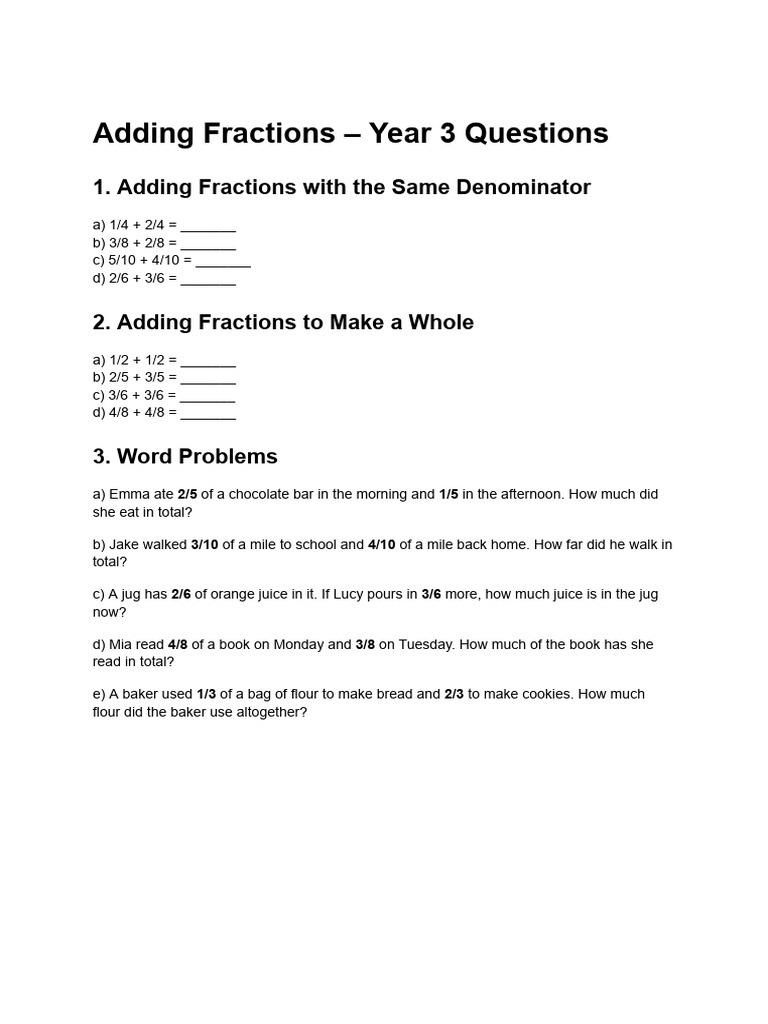 Adding Fractions - Year 3 Questions | PDF