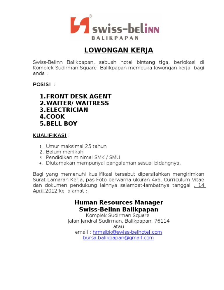 Lowongan Kerja Front Office Waiter Cook Teknisi Hotel Swiss Belinn Balikpapan Pdf