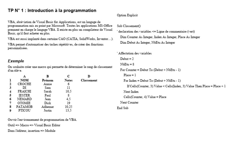 Introduction à la programmation VBA | PDF | Visual Basic for ...