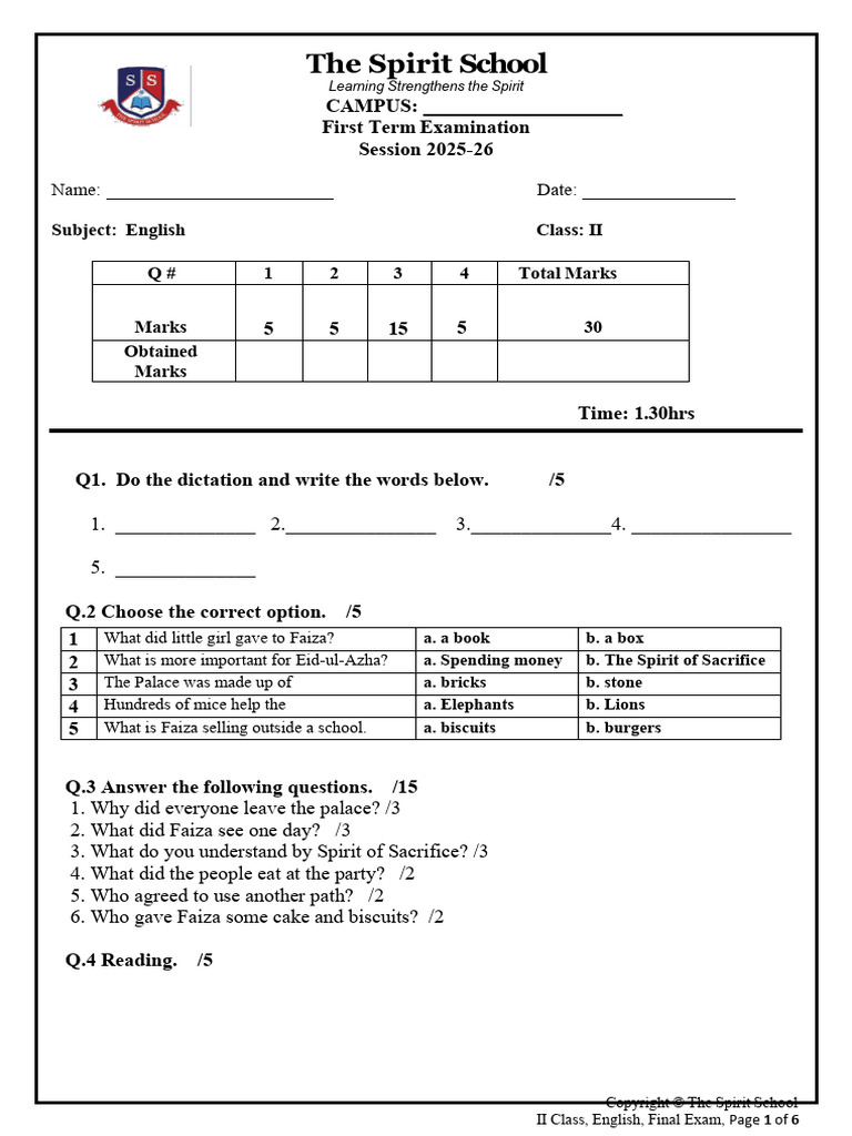 Class 2 English First Term Exam 2025 | PDF