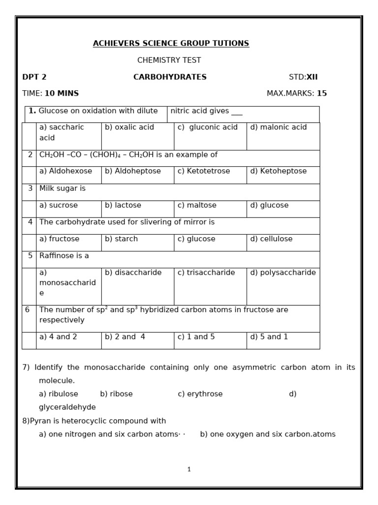 Carbohydrate Chemistry Test for XII | PDF | Glucose | Carbohydrates