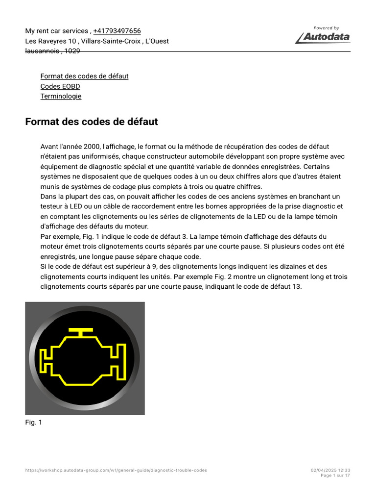 Format et Codes de Défaut EOBD PDF Allumage Véhicules — free download