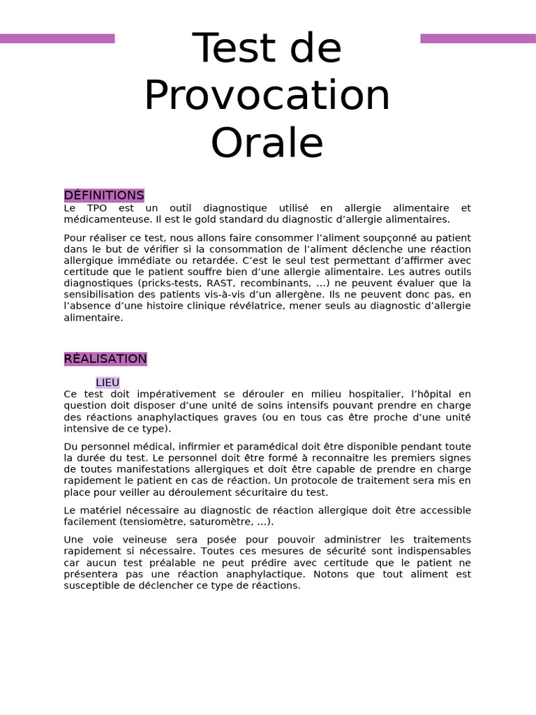 Test de Provocation Orale en Allergie | PDF | Allergie | Allergie ...