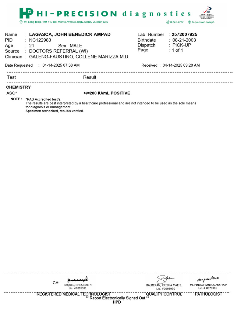 Positive ASO Test Result for John Lagasca | PDF