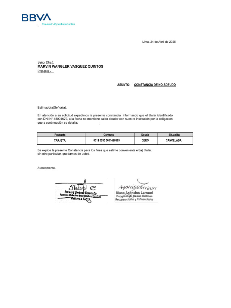 Constancia de No Adeudo BBVA | PDF
