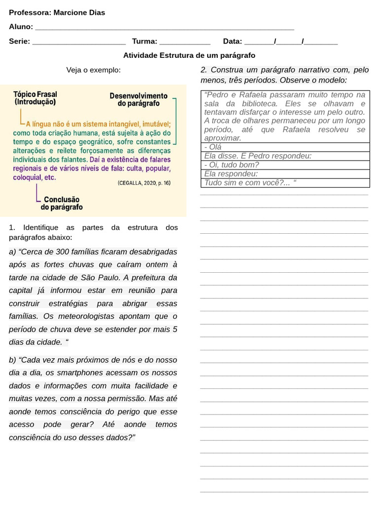 Atividade sobre Estrutura de Parágrafos | PDF