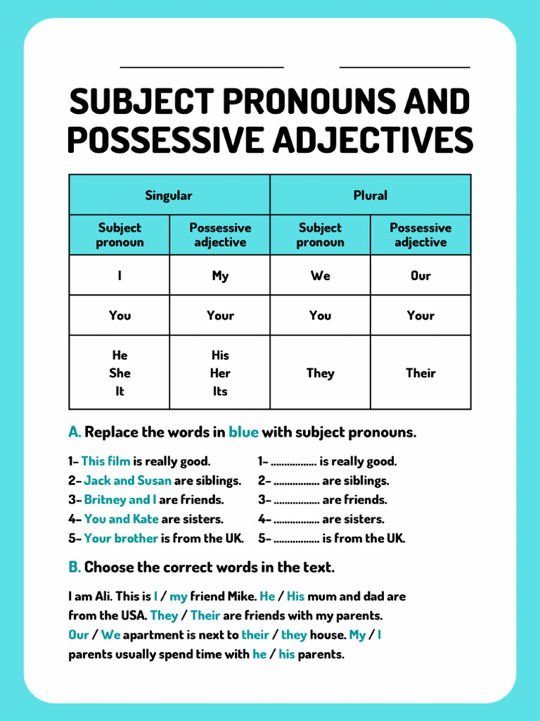 Subject Pronouns and Possessive Adjectives Grammar Worksheet | PDF