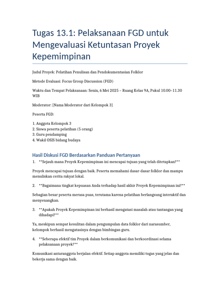Evaluasi FGD Proyek Kepemimpinan Folklor | PDF