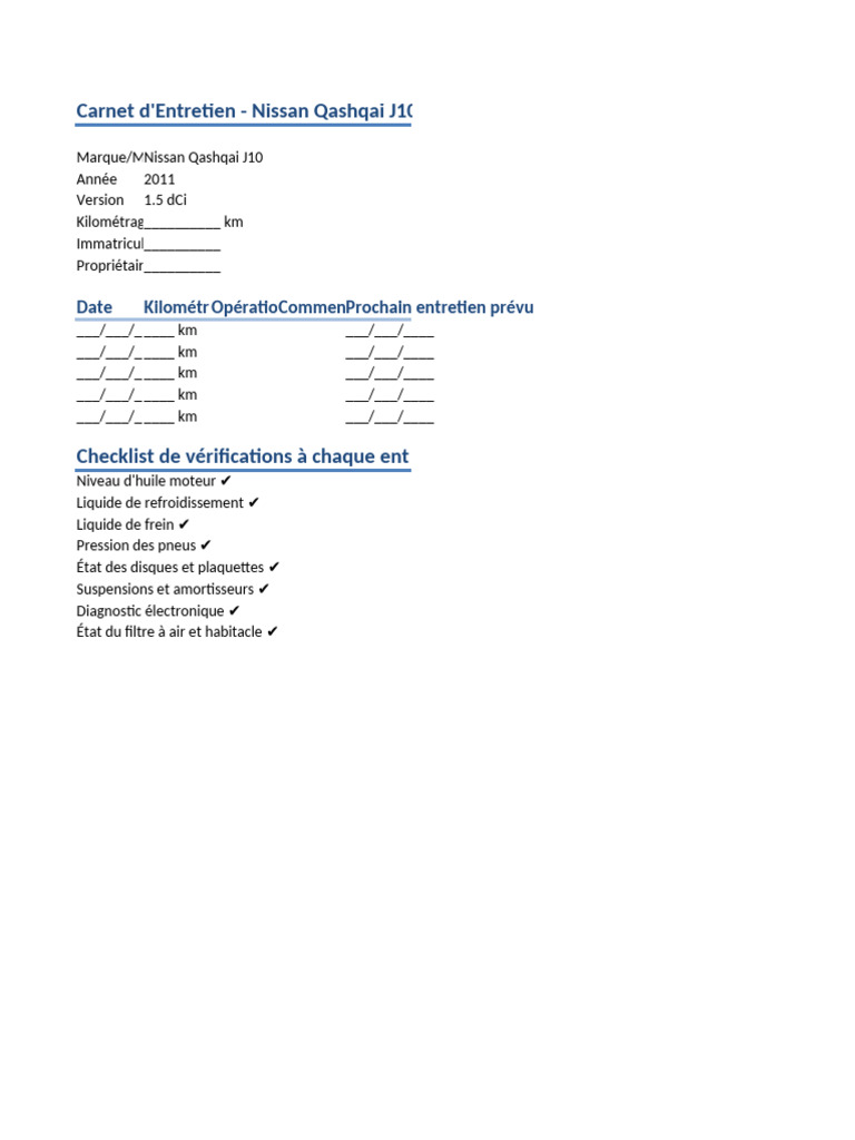 Carnet d'Entretien Nissan Qashqai J10 | PDF