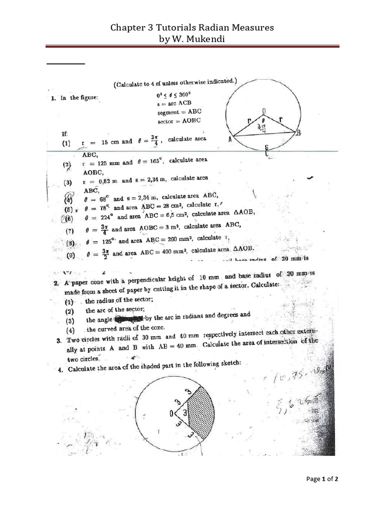 Radian Measures Tutorial Exercises | PDF